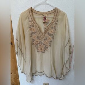 Boho Beige Floral Embroidered Kaftan